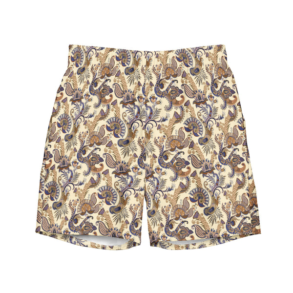 Beige Paisley Swim Trunks: Quick-Dry Beach Swimwear