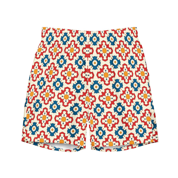 Geometric Print Swim Trunks: Vibrant Red, Blue, Yellow Beachwear