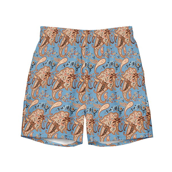 Mens Light Blue Swim Trunks: Beige Paisley Quick Dry Beachwear