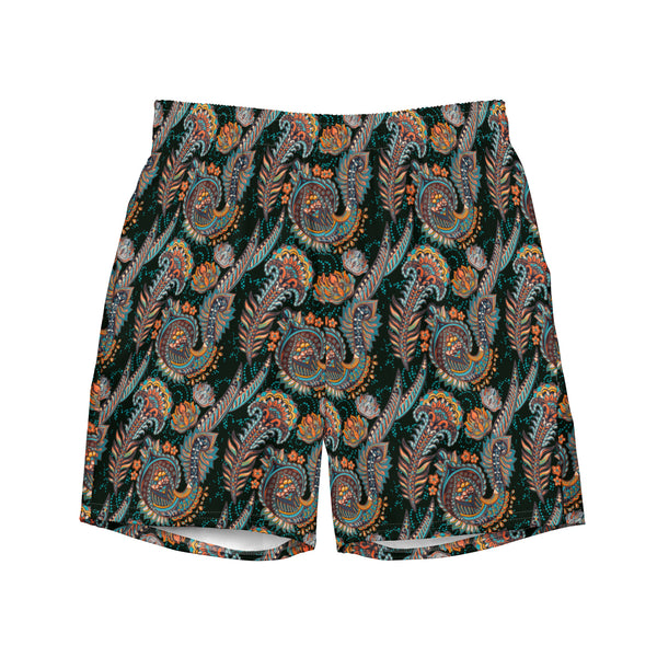 Mens Luxury Resort Swim Trunks Oriental Paisley Print Elegant Beach Shorts Dark Teal Designer Swimwear Gift for Him