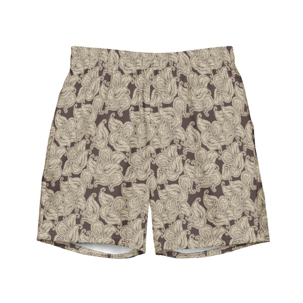 Mens Luxury Resort Swim Trunks Taupe Paisley Print Elegant Designer Swimwear Premium Beach Shorts Gift for Him