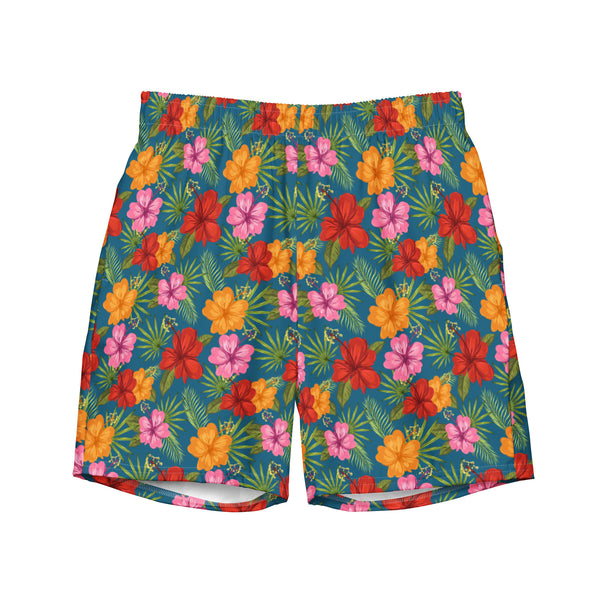 Mens Tropical Floral Swim Trunks: Green Exotic Beach Shorts