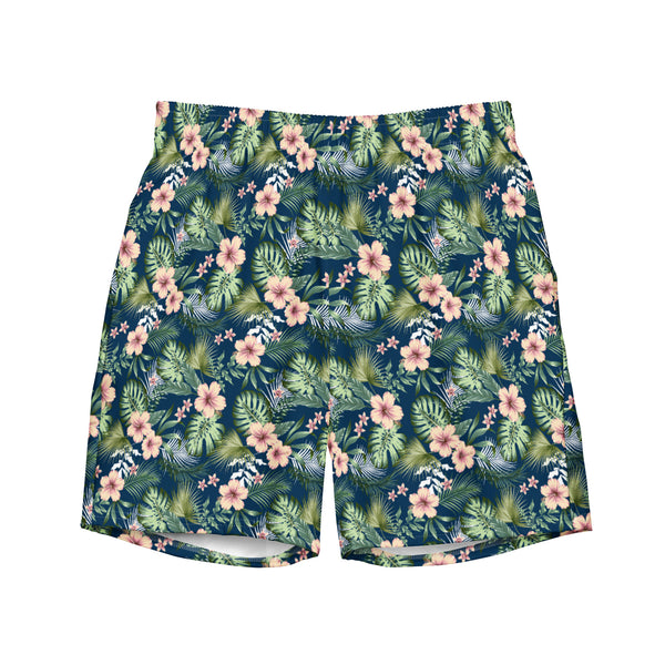 Mens Tropical Swim Trunks: Green Floral Vacation Shorts