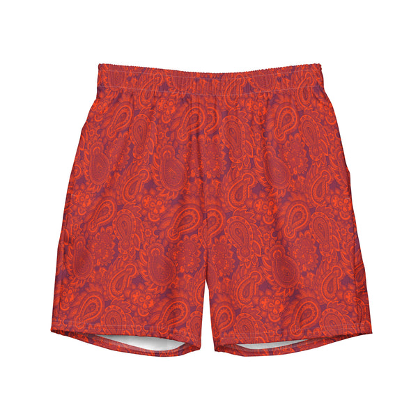 Mens Red Paisley Swim Trunks Boho Elegant Beach Shorts Mediterranean Summer Swimwear Gift for Him Stylish Resort Look