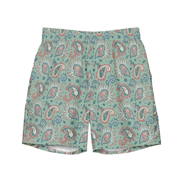 Green Paisley Swim Trunks: Quick Dry Beach Shorts