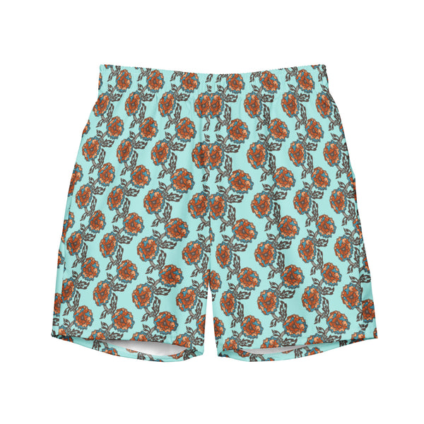 Mens Tropical Floral Swim Trunks: Light Blue Quick Dry Beachwear