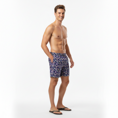 Mens Paisley Swim Trunks Navy Blue Boho Beach Shorts Mediterranean Summer Swimwear Gift for Him Elegant Resort Style