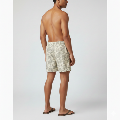 Cream Paisley Swim Trunks: Elegant Mediterranean Summer Style