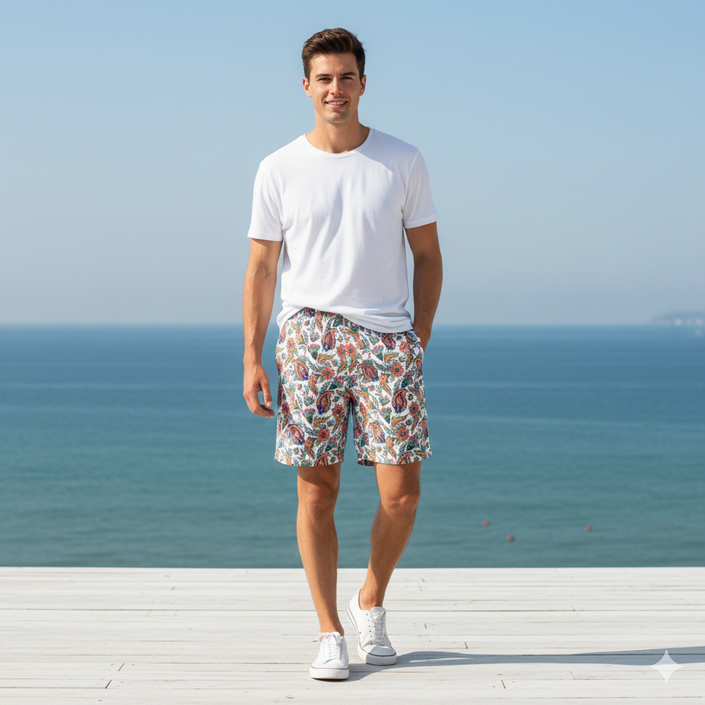 Luxury Resort Men Swimwear White Floral Paisley Print Elegant Designer Swim Trunks | Stylish Beach Shorts Gift for Him
