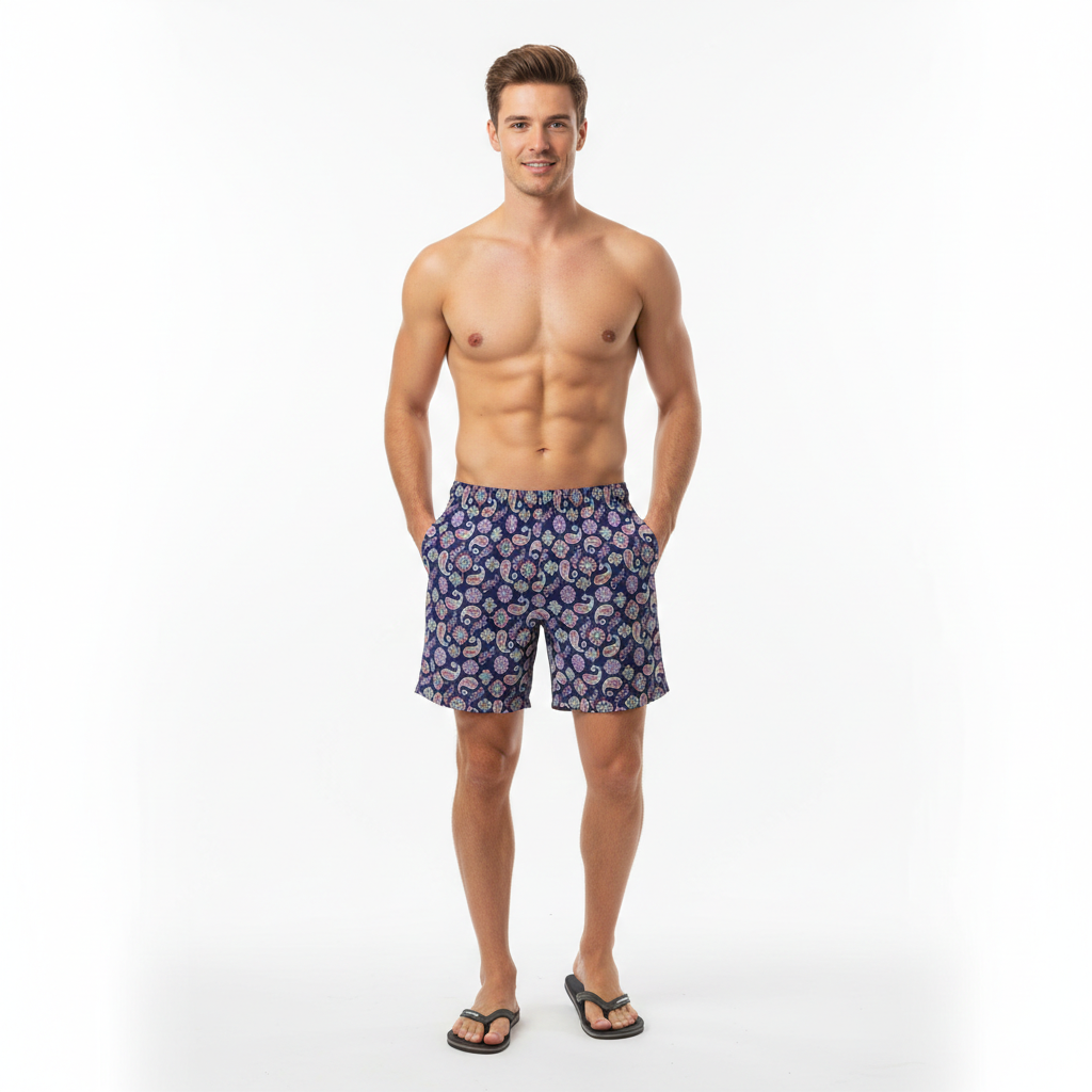 Mens Paisley Swim Trunks Navy Blue Boho Beach Shorts Mediterranean Summer Swimwear Gift for Him Elegant Resort Style