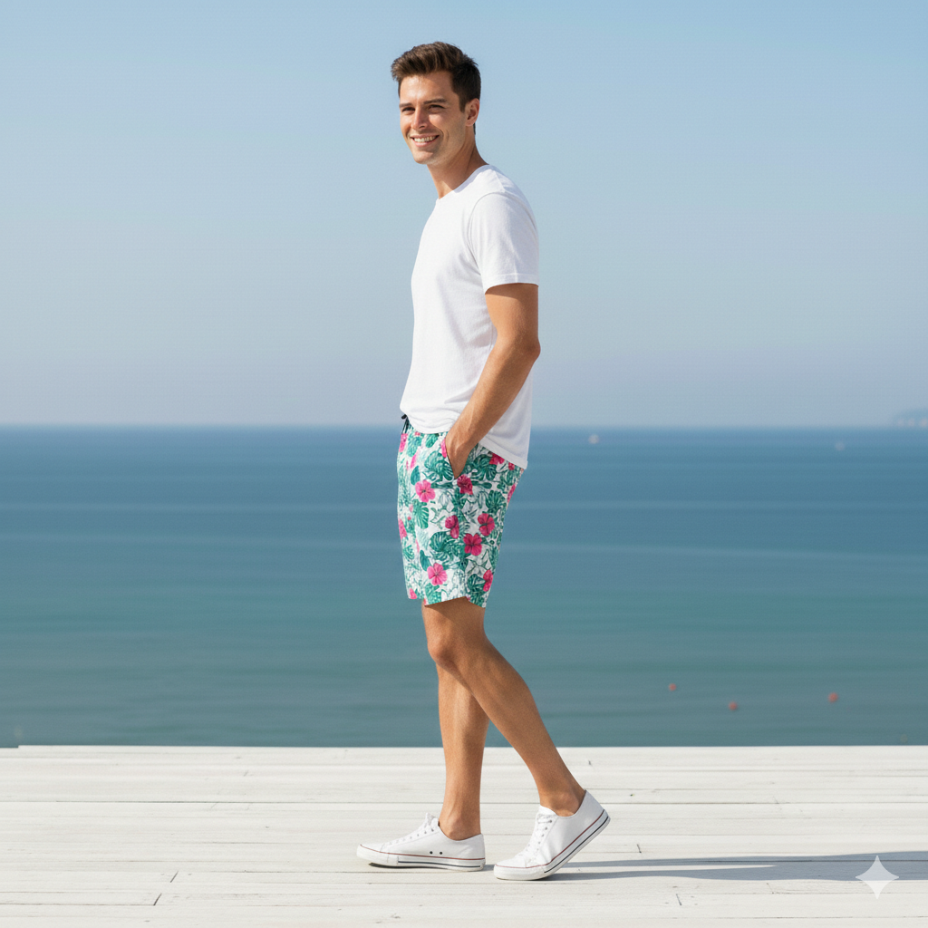 Mens Tropical Flower Print Swim Trunks: Eclectic Summer Activewear