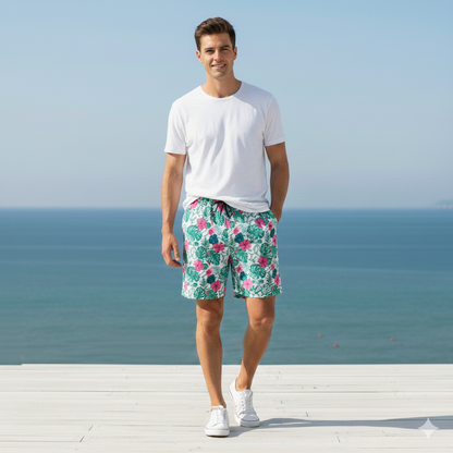Mens Tropical Flower Print Swim Trunks: Eclectic Summer Activewear