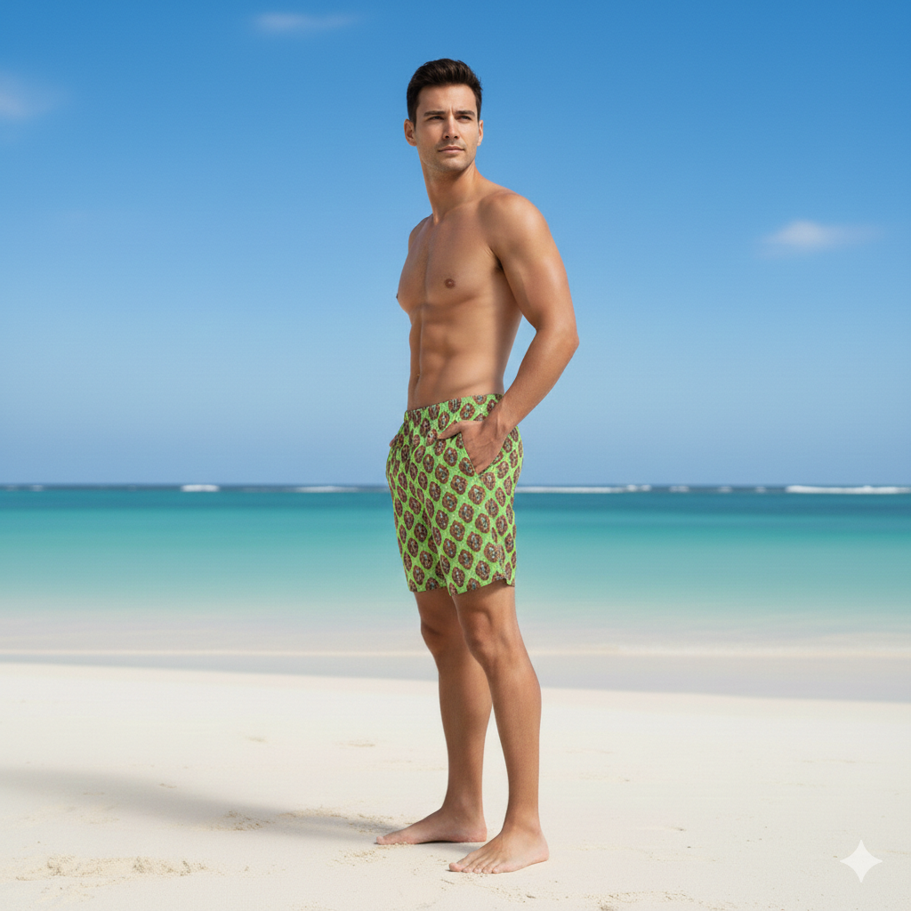 Mens Pistachio Green Geometric Swim Trunks: Stylish Beach & Pool Wear