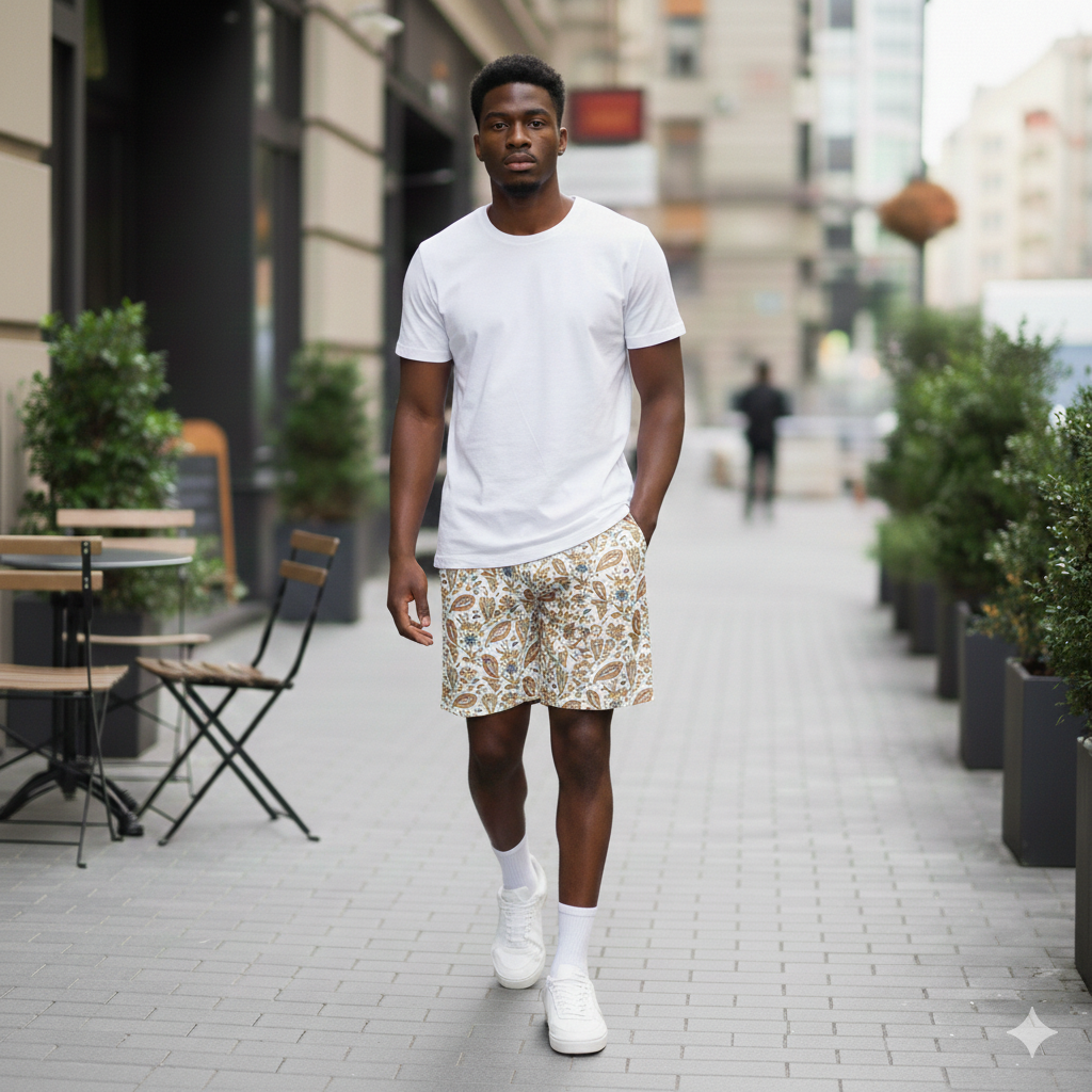 Mens Tropical Floral Swim Trunks: White Resort Wear