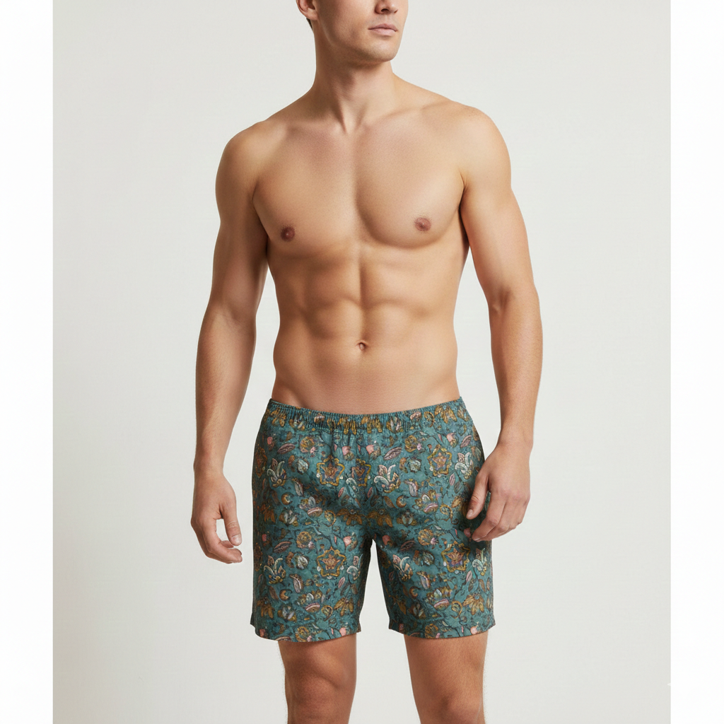 Green Paisley Swim Trunks: Boho Beach Shorts
