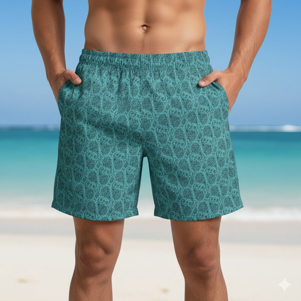Green Paisley Swim Trunks: Elegant Mediterranean Mens Swimwear