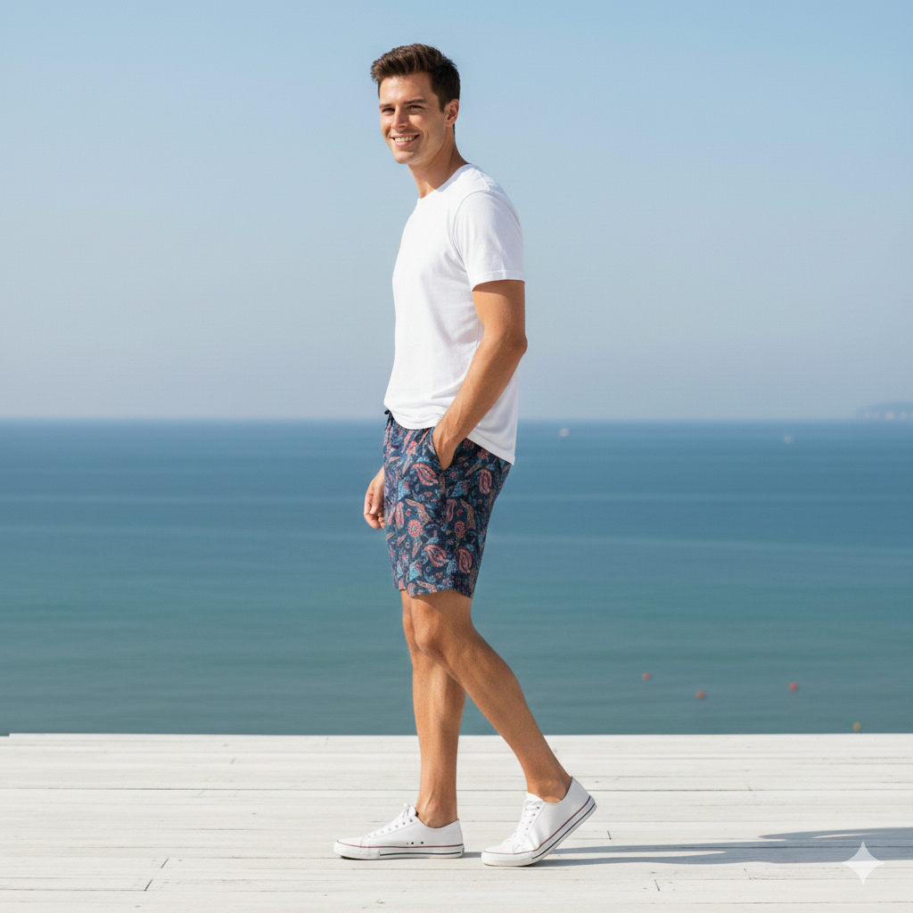 Swim Trunks: Oriental Paisley Print, Summer Beach Style