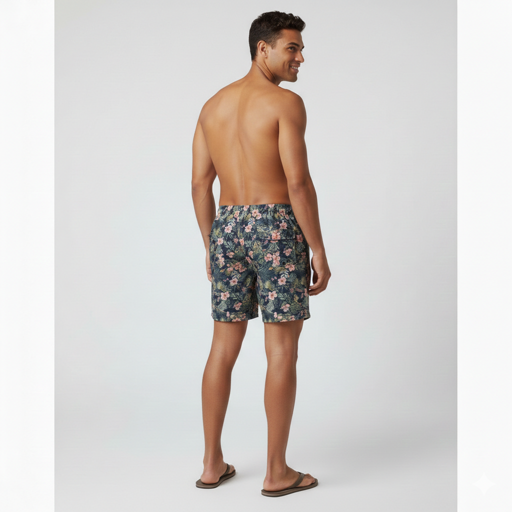 Mens Tropical Swim Trunks: Green Floral Vacation Shorts