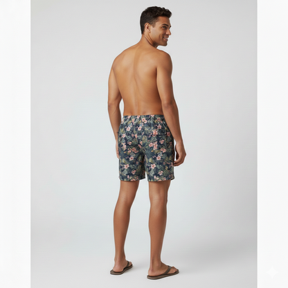 Mens Tropical Swim Trunks: Green Floral Vacation Shorts