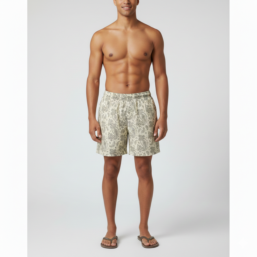 Cream Paisley Swim Trunks: Elegant Mediterranean Summer Style