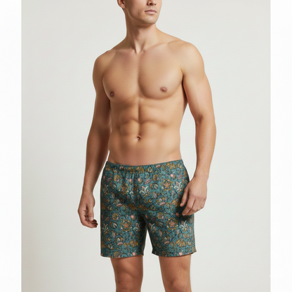 Green Paisley Swim Trunks: Boho Beach Shorts
