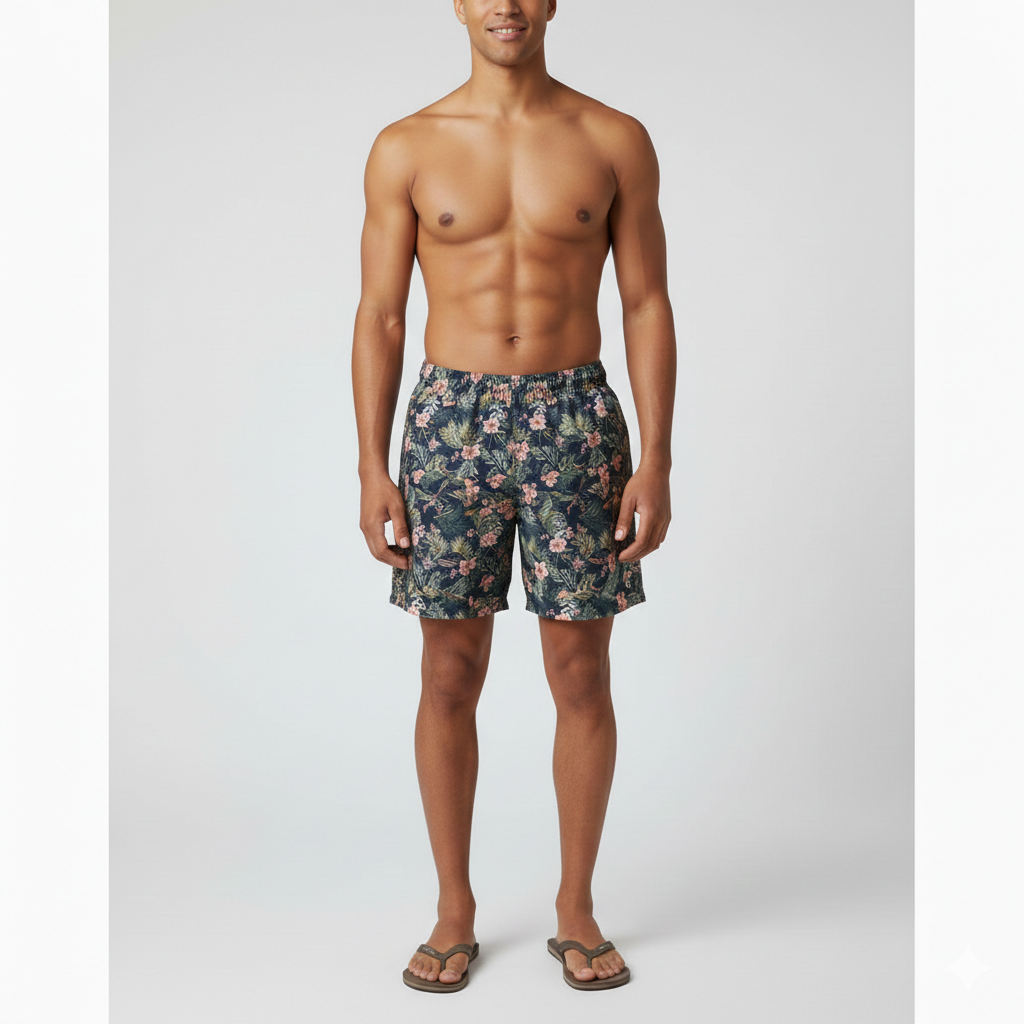 Mens Tropical Swim Trunks: Green Floral Vacation Shorts