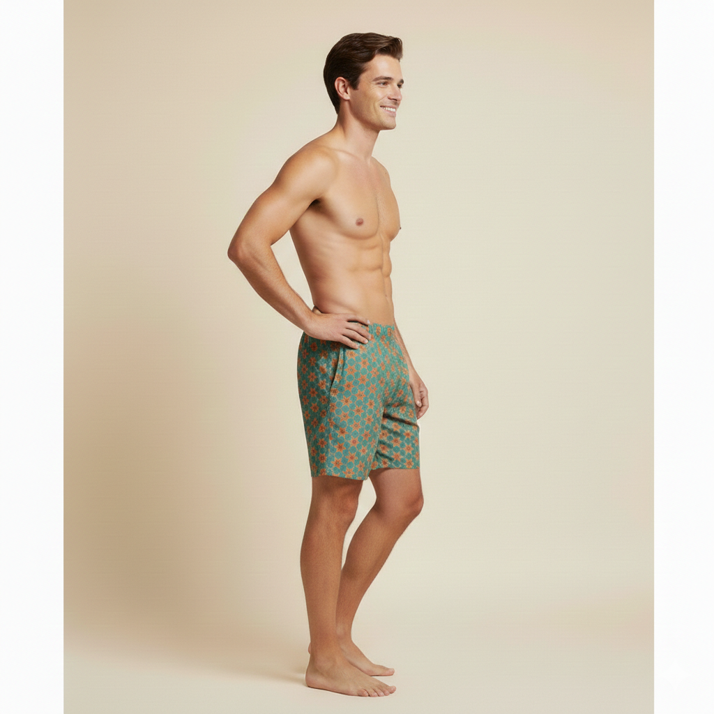Swim Trunks, Sage Green color with Geometric design, Italian Style Beachwear, Recycled Fabric, Stylish Pool, Promenade Outfit, surfing