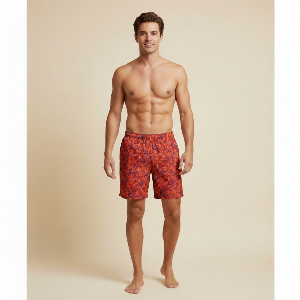 Mens Red Paisley Swim Trunks Boho Elegant Beach Shorts Mediterranean Summer Swimwear Gift for Him Stylish Resort Look
