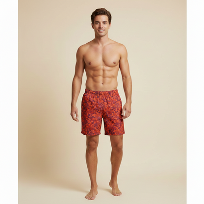 Mens Red Paisley Swim Trunks Boho Elegant Beach Shorts Mediterranean Summer Swimwear Gift for Him Stylish Resort Look