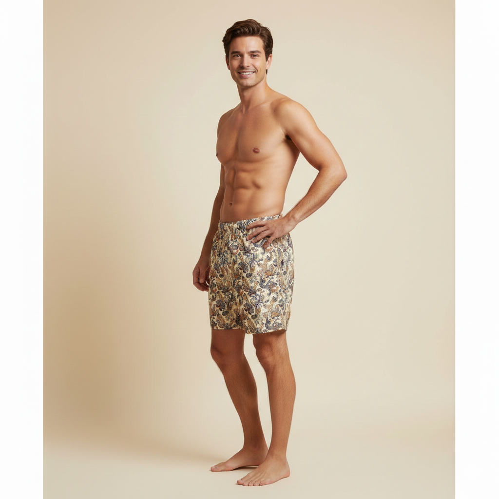 Beige Paisley Swim Trunks: Quick-Dry Beach Swimwear