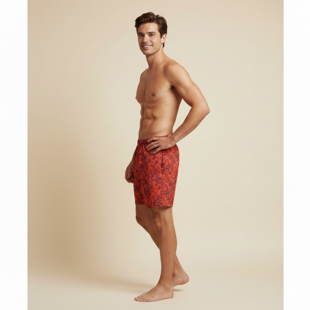 Mens Red Paisley Swim Trunks Boho Elegant Beach Shorts Mediterranean Summer Swimwear Gift for Him Stylish Resort Look