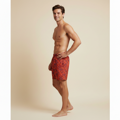 Mens Red Paisley Swim Trunks Boho Elegant Beach Shorts Mediterranean Summer Swimwear Gift for Him Stylish Resort Look