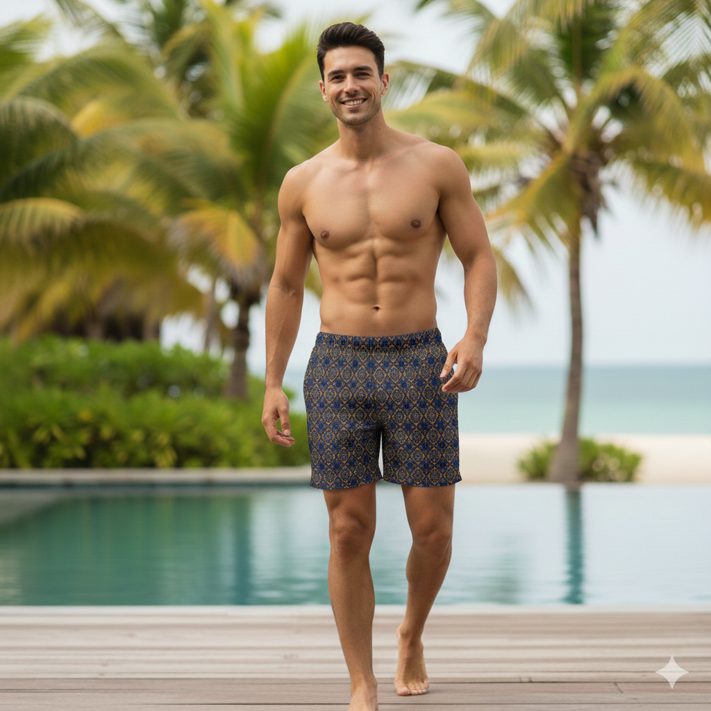 Geometric Print Swim Trunks: Vibrant Boho Beachwear