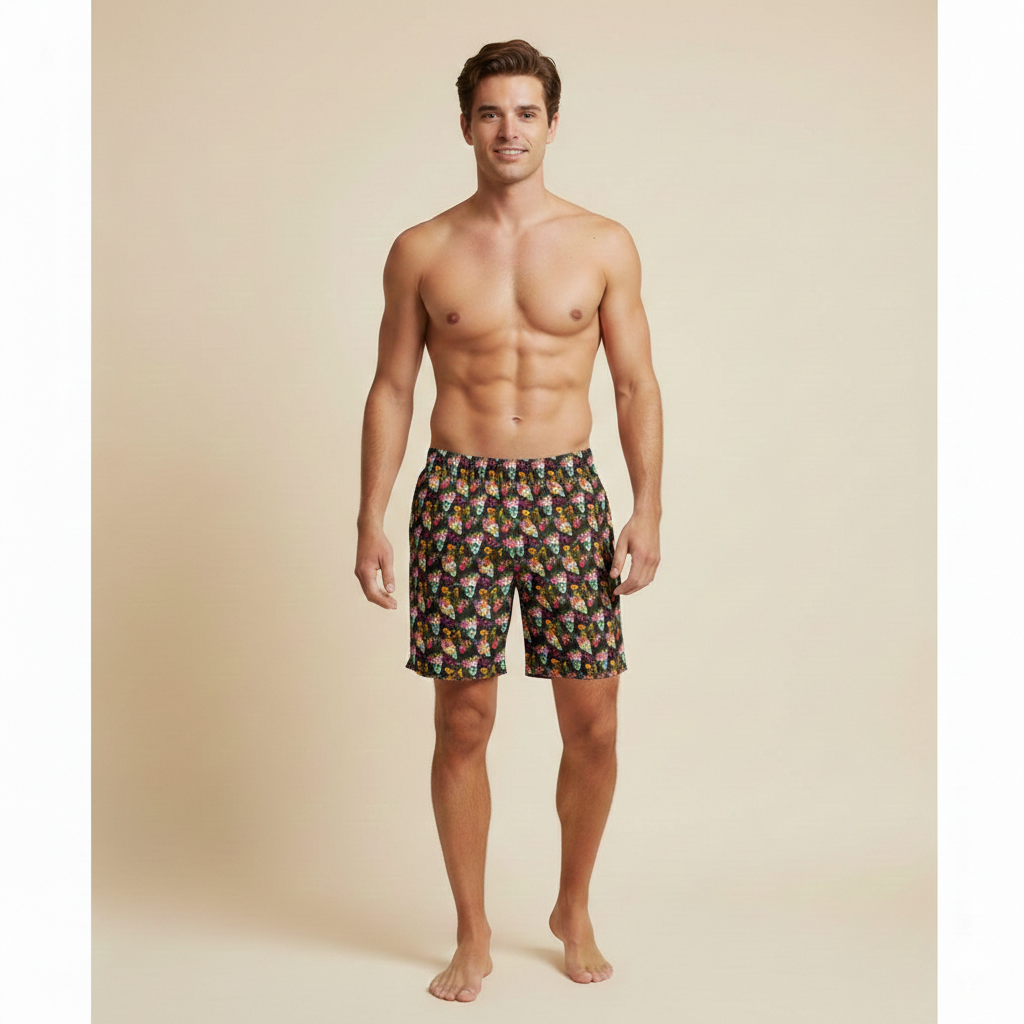 Floral Skull Swim Trunks: Tropical Beach Shorts