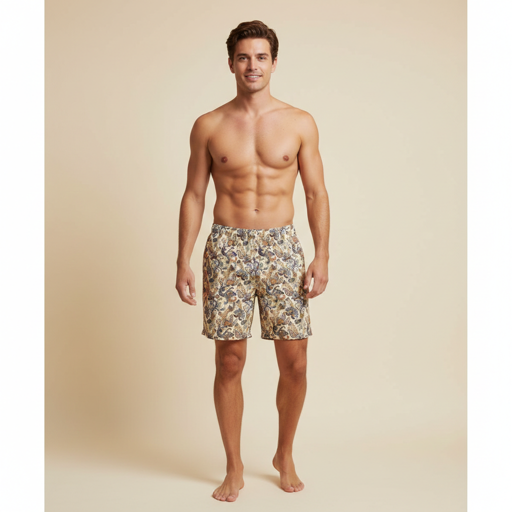 Beige Paisley Swim Trunks: Quick-Dry Beach Swimwear