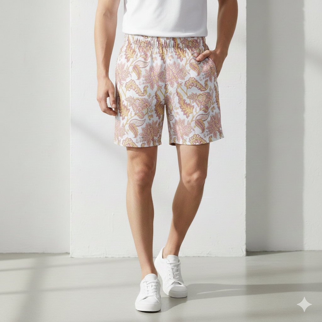 Swim Trunks: Pink Indian Floral, Lightweight Beach Shorts