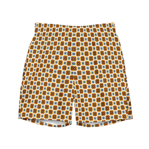 Geometric Print Swim Trunks: Orange, Light Blue & White Summer Beachwear
