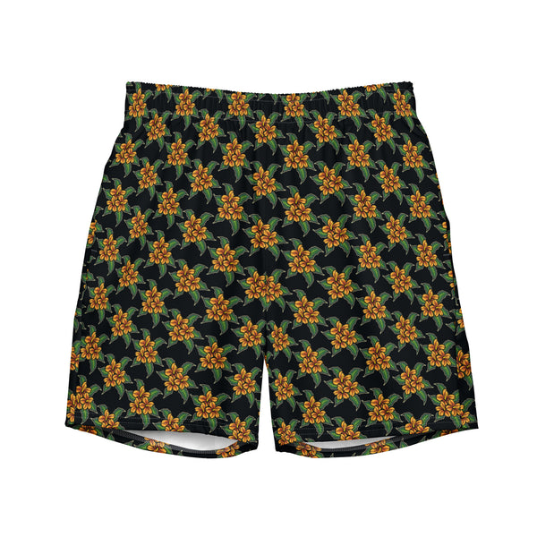 Mens Floral Swim Trunks: Black Tropical Beach Shorts