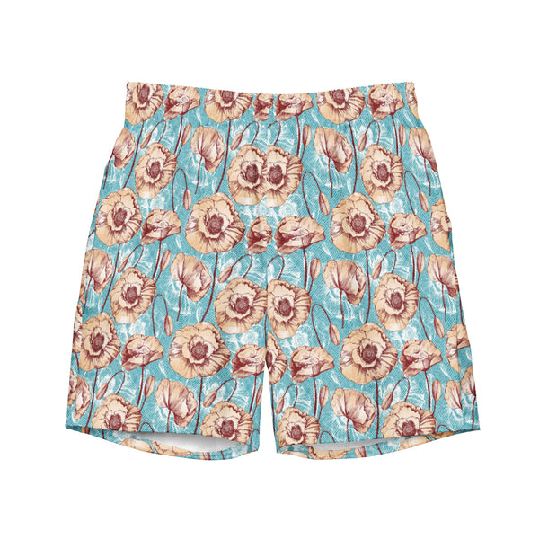 Mens Floral Swim Trunks: Light Blue & Brown Artistic Design