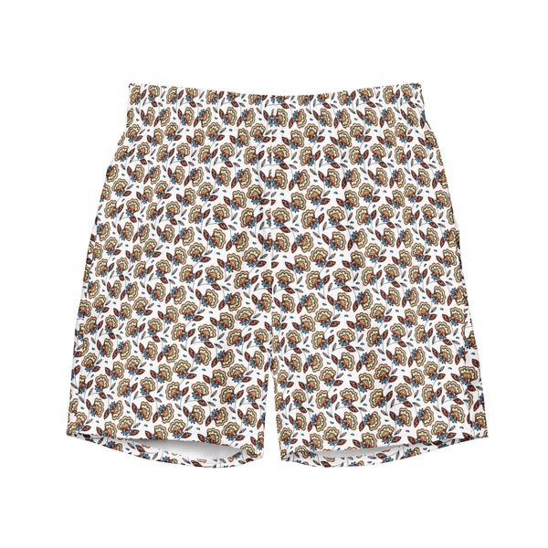 Mens Tropical Floral Swim Trunks: White Resort Wear
