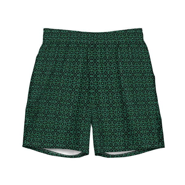 Swim Trunks: Emerald Green Damask Print, Sophisticated Swimwear