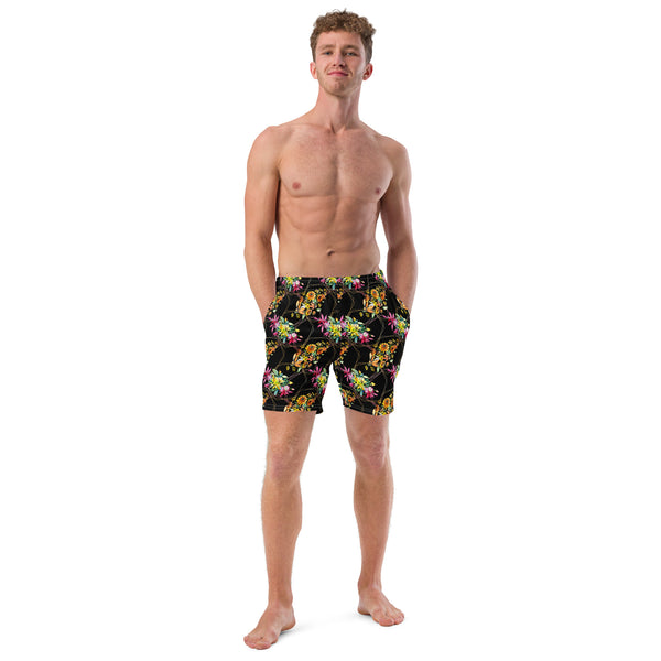 Mens Black Swim Trunks: Tropical Floral Quick Dry Beachwear
