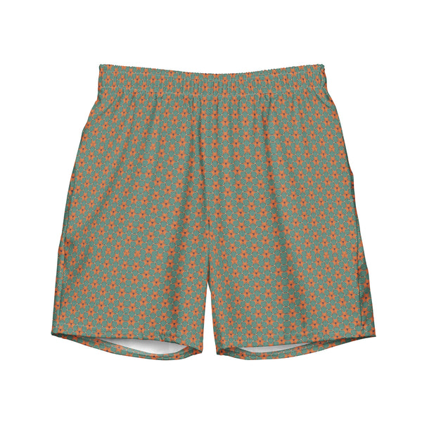 Swim Trunks, Sage Green color with Geometric design, Italian Style Beachwear, Recycled Fabric, Stylish Pool, Promenade Outfit, surfing